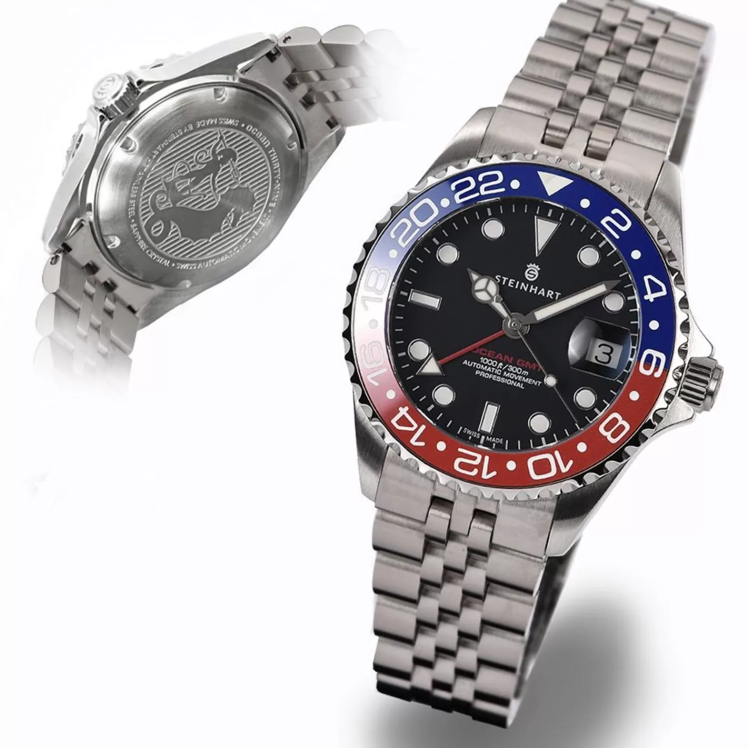 Ocean 39 Gmt.2 Bla-Rod Keramisk Dykkerur*Steinhart Watches Clearance