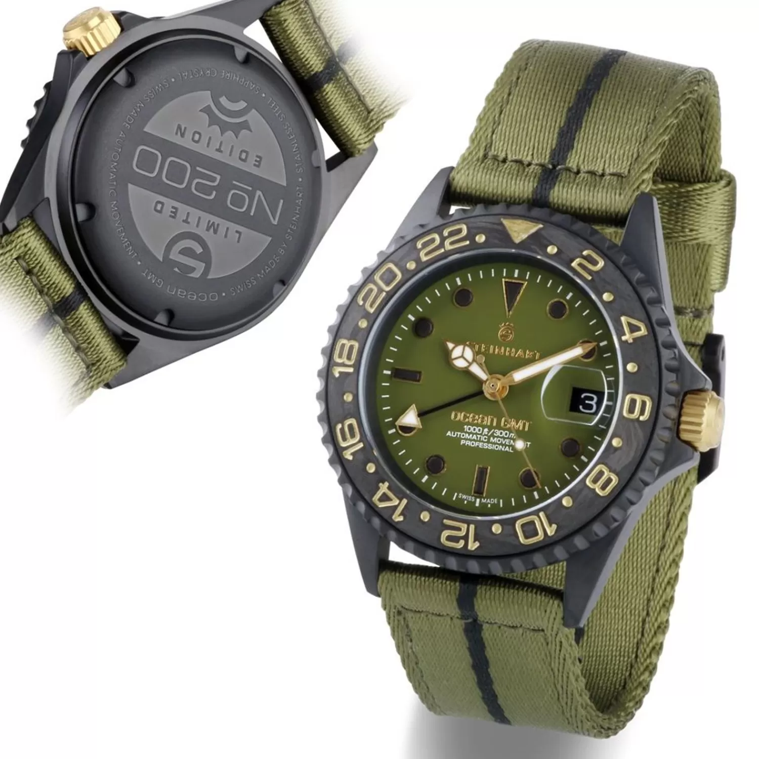 Ocean 39 Gmt Black Military Khaki Diver Watch*Steinhart Watches New