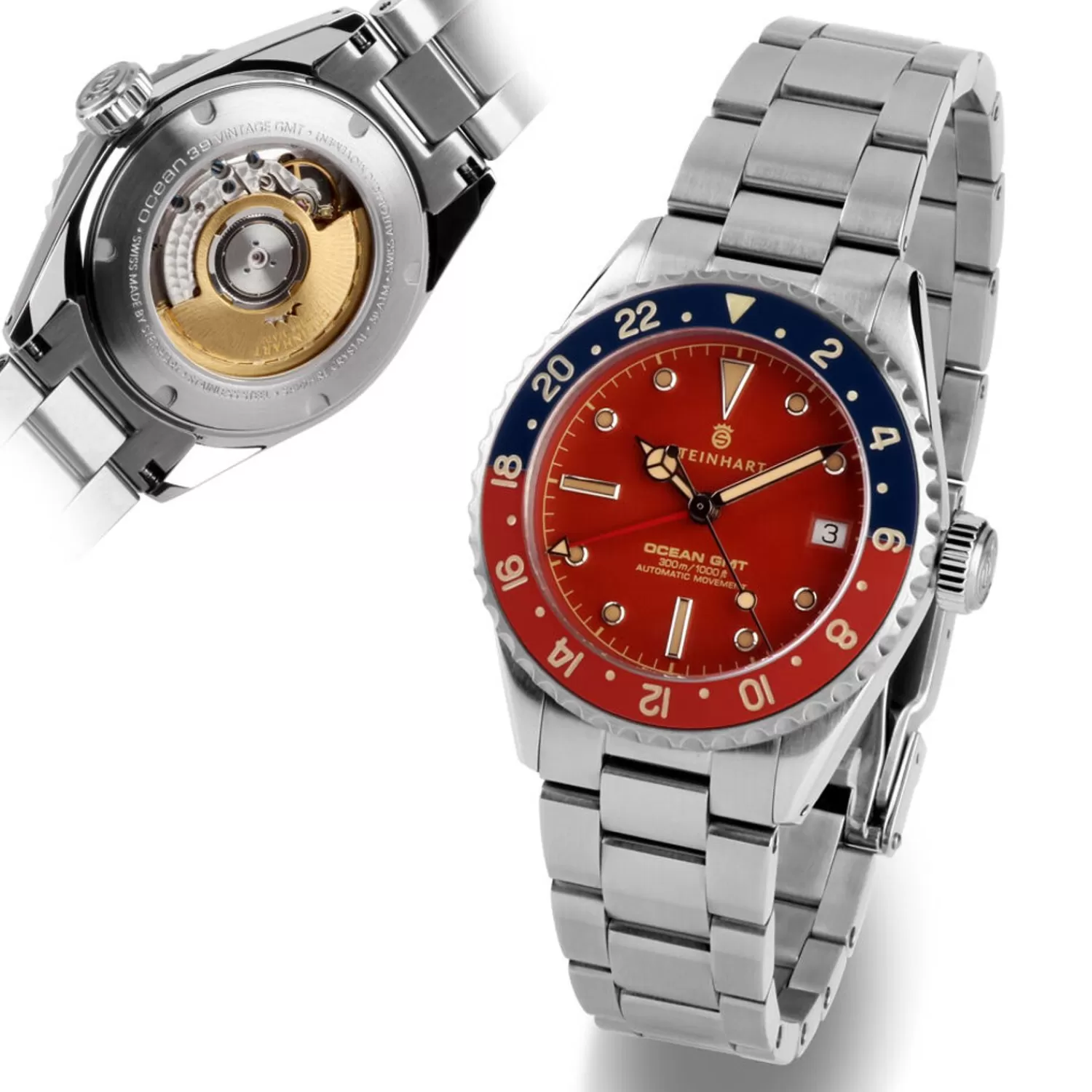 Ocean 39 Vintage Gmt Premium Rod Keramisk Dykkerur*Steinhart Watches Outlet