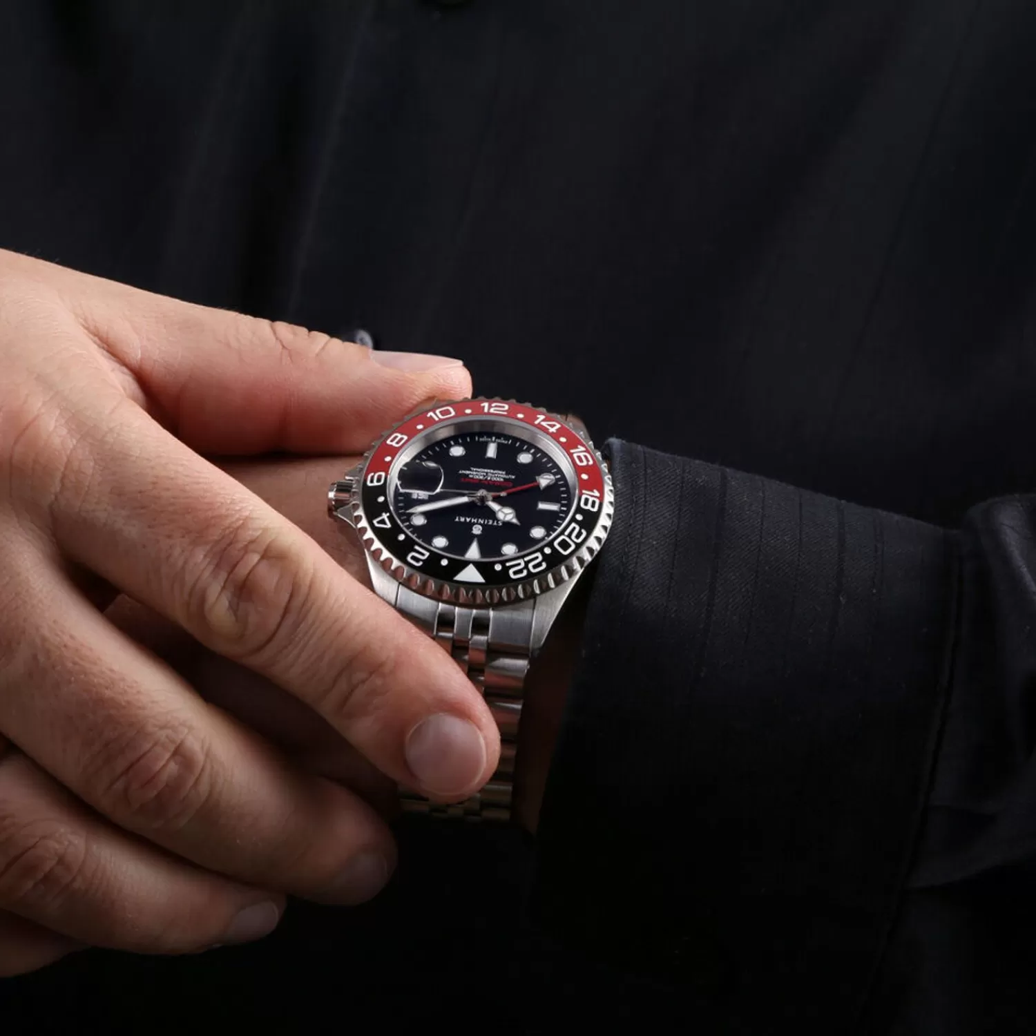 Ocean One Gmt Sort-Rod. 2 Keramisk Dykkerur*Steinhart Watches Clearance