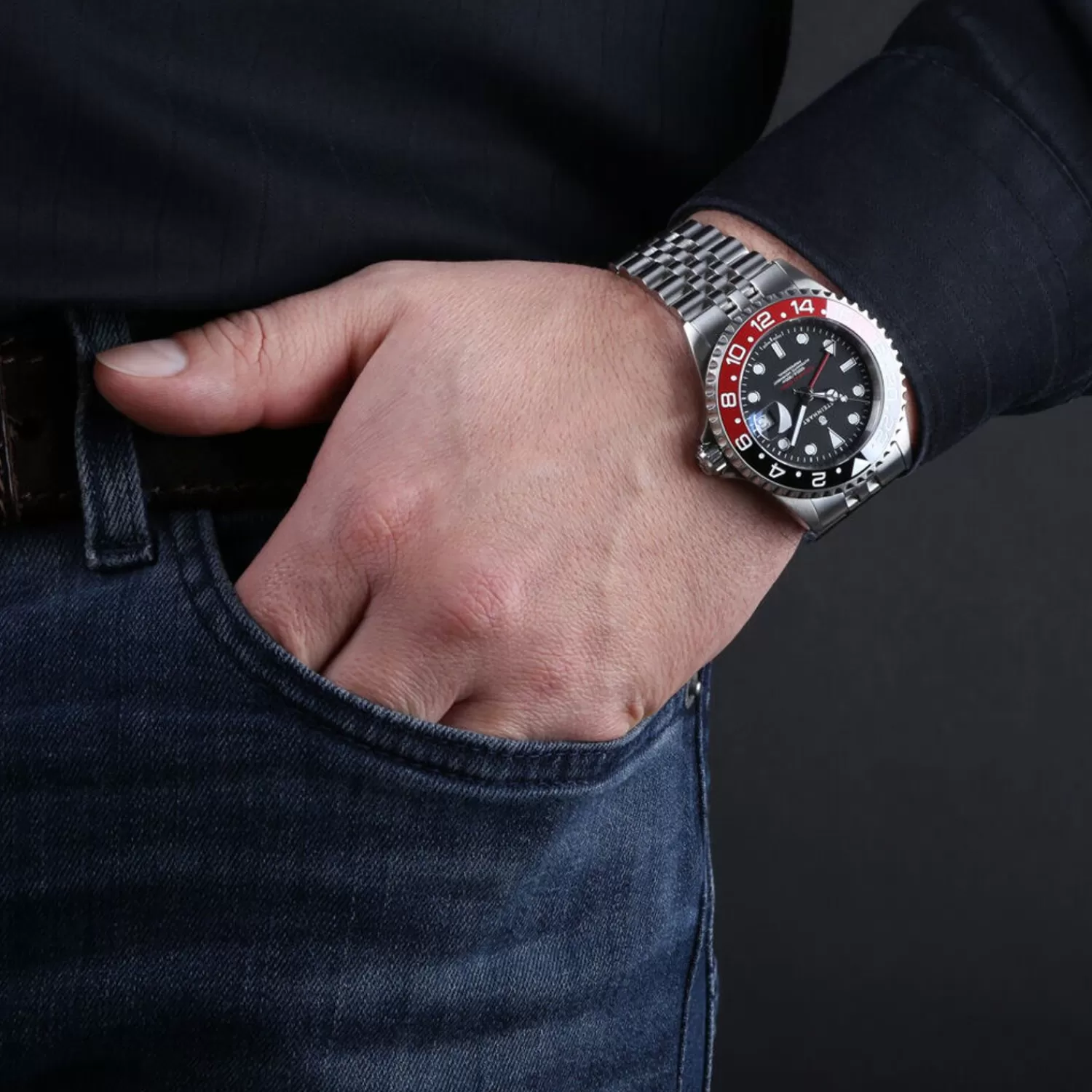 Ocean One Gmt Sort-Rod. 2 Keramisk Dykkerur*Steinhart Watches Clearance