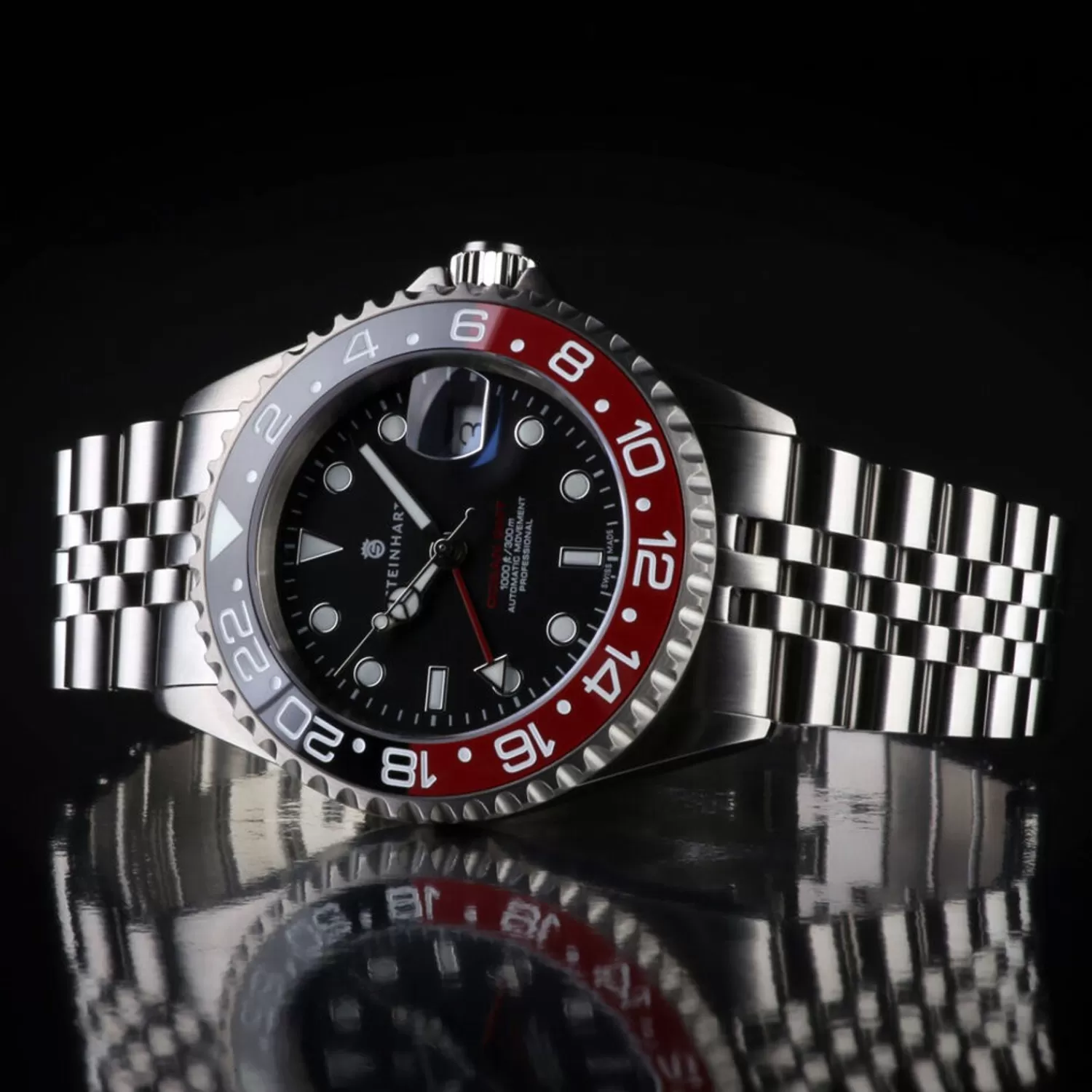 Ocean One Gmt Sort-Rod. 2 Keramisk Dykkerur*Steinhart Watches Clearance