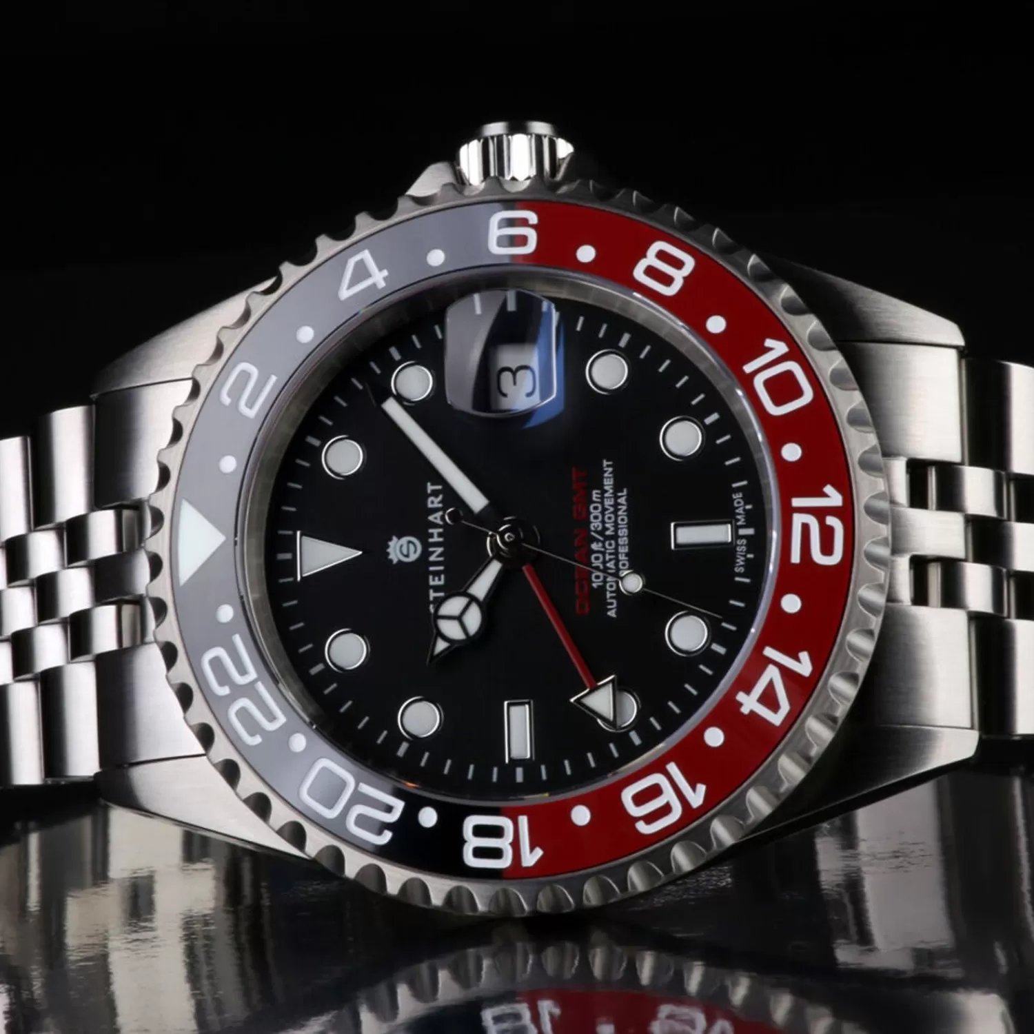 Ocean One Gmt Sort-Rod. 2 Keramisk Dykkerur*Steinhart Watches Clearance