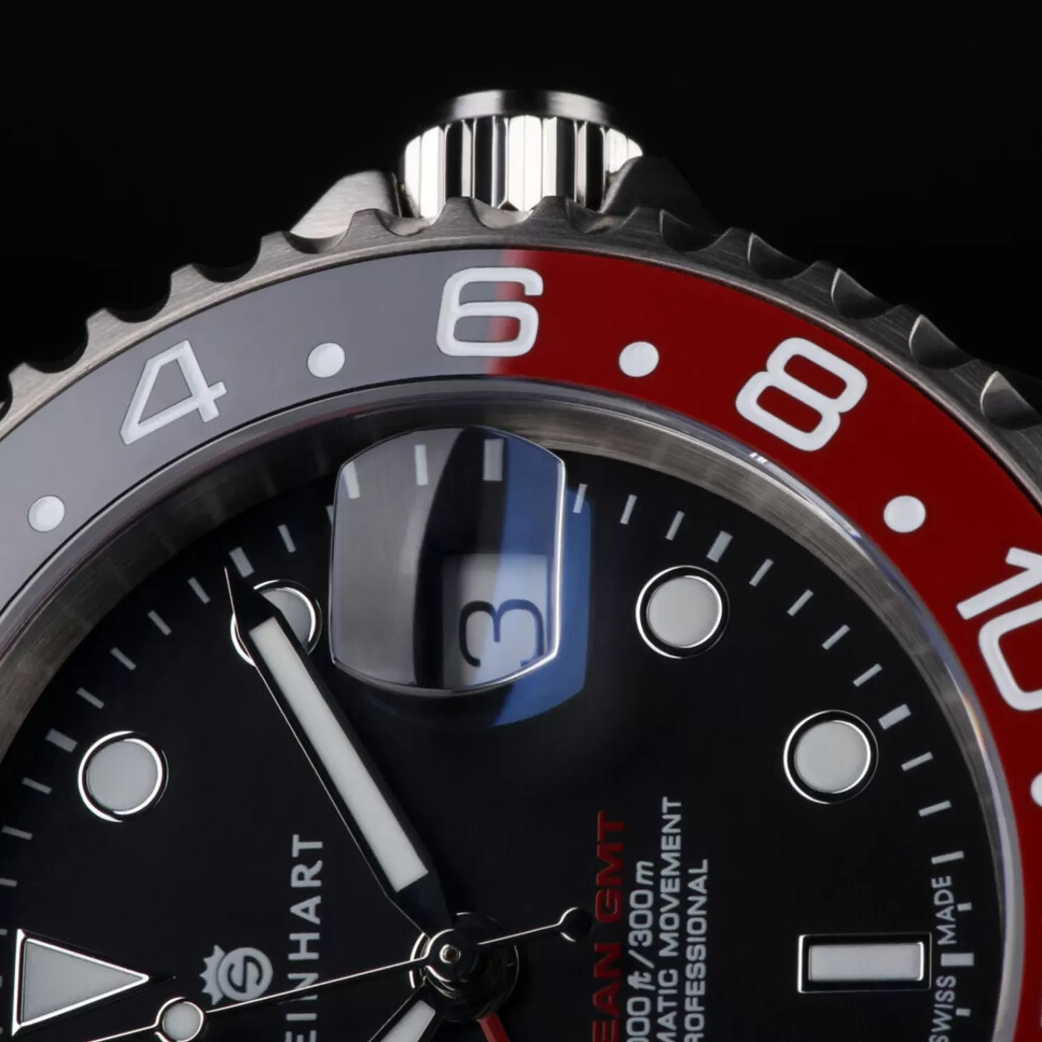 Ocean One Gmt Sort-Rod. 2 Keramisk Dykkerur*Steinhart Watches Clearance