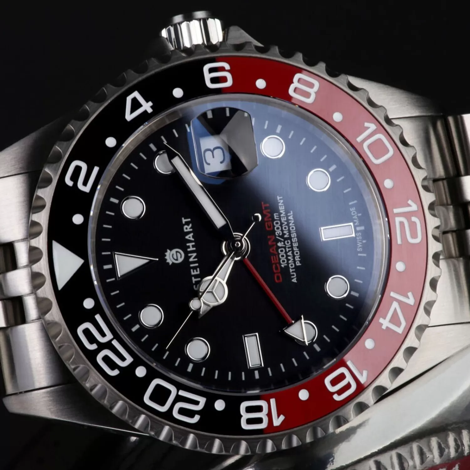 Ocean One Gmt Sort-Rod. 2 Keramisk Dykkerur*Steinhart Watches Clearance