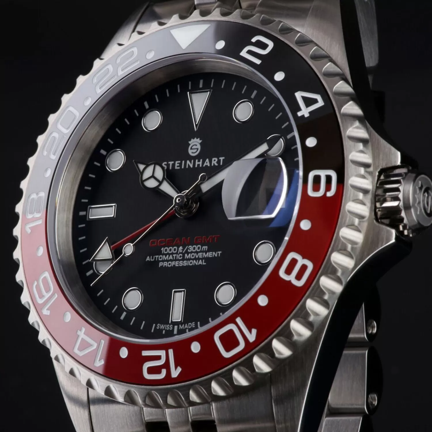 Ocean One Gmt Sort-Rod. 2 Keramisk Dykkerur*Steinhart Watches Clearance